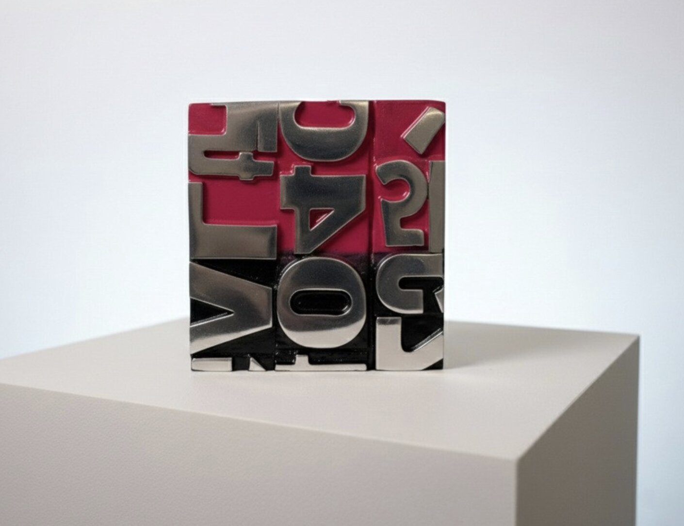 Sculpture de Karl Lagasse : un bloc de lettres en métal poli sur fonds rouge et noir, posé sur un socle blanc