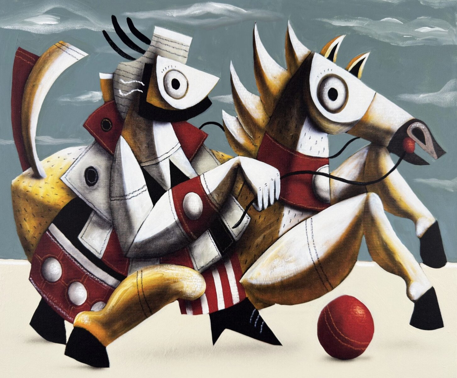 Peinture de SKEPA : un cavalier et son cheval stylisés à la manière cubiste, en aplats bruns, rouges et blancs